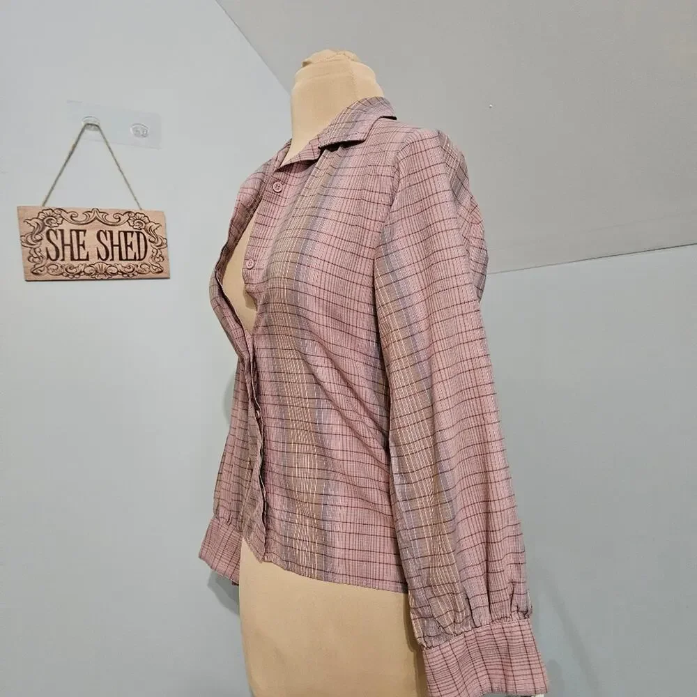 John Meyer Button Front Long Sleeve Pink Plaid Top Size 8‎ Career Country